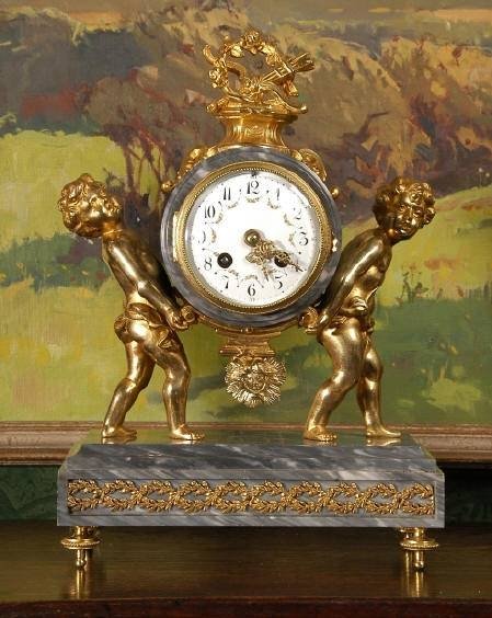 fig 2. **** SOLD **** Marble and Gilt Cherub Clock Set by Vincenti et Cie